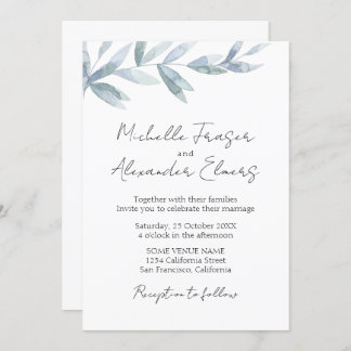 Simple watercolor leaves Elegant classic wedding Invitation