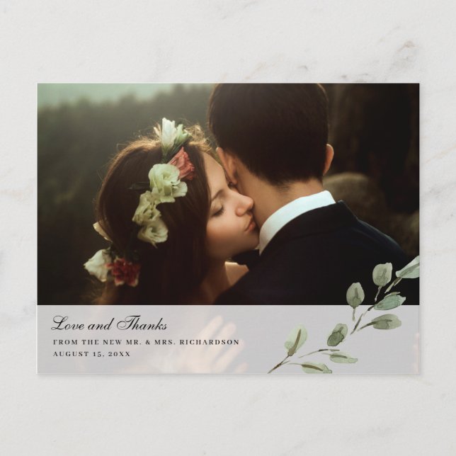 Simple Watercolor Leaves | Wedding Photo Thank You Postcard (Front)