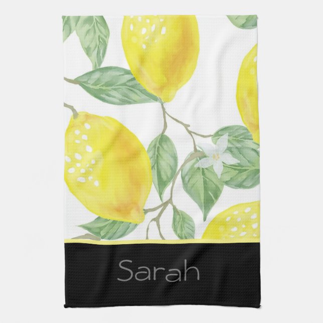 Simple Watercolor Lemon Leaves Black Monogrammed Tea Towel (Vertical)