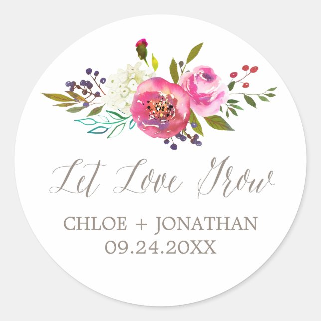 Simple Watercolor Let Love Grow Wedding Favour Classic Round Sticker (Front)