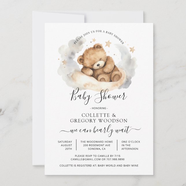 Simple Watercolor Little Bear Baby Shower Invitation (Front)