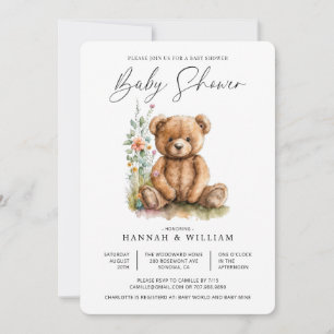 Simple Watercolor Little Teddy Bear Baby Shower Invitation