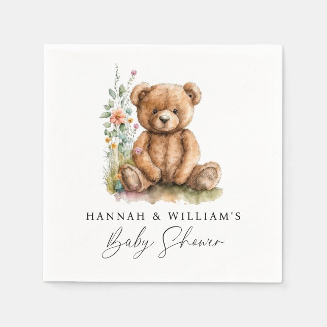Simple Watercolor Little Teddy Bear Baby Shower Napkin (Front)