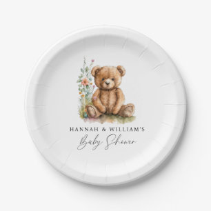 Simple Watercolor Little Teddy Bear Baby Shower Paper Plate
