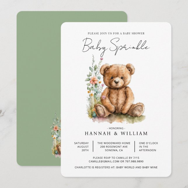 Simple Watercolor Little Teddy Bear Baby Sprinkle Invitation (Front/Back)