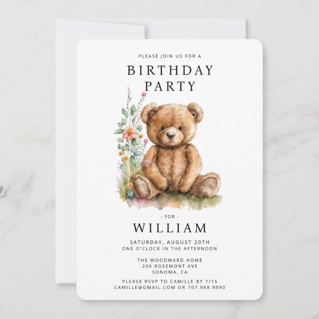 Simple Watercolor Little Teddy Bear Birthday Invitation (Front)
