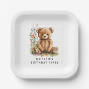 Simple Watercolor Little Teddy Bear Birthday Paper Plate
