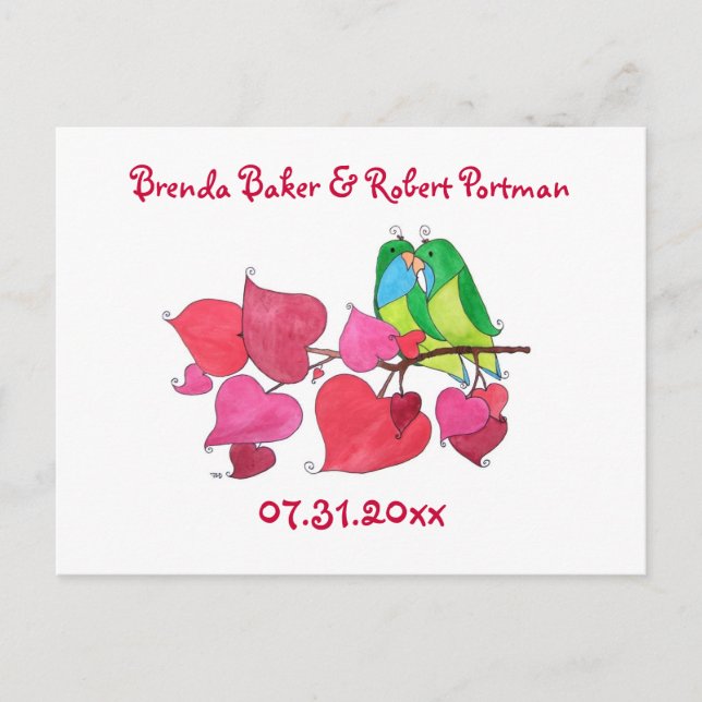 Simple Watercolor Love Birds, Save the Date Announcement Postcard (Front)