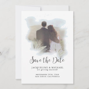 Simple Watercolor Modern Script Palm Photo Blue Save The Date