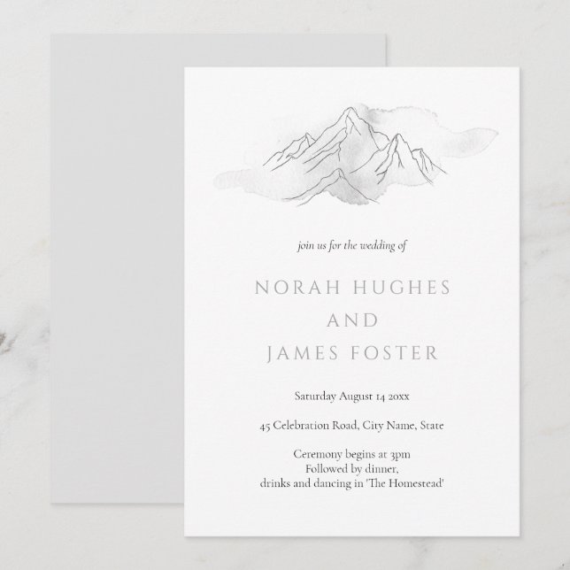 Simple Watercolor Mountain Elegant Nature Wedding Invitation (Front/Back)