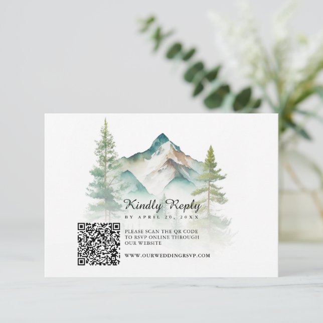 Simple Watercolor Mountain QR Code Wedding RSVP Card (Standing Front)