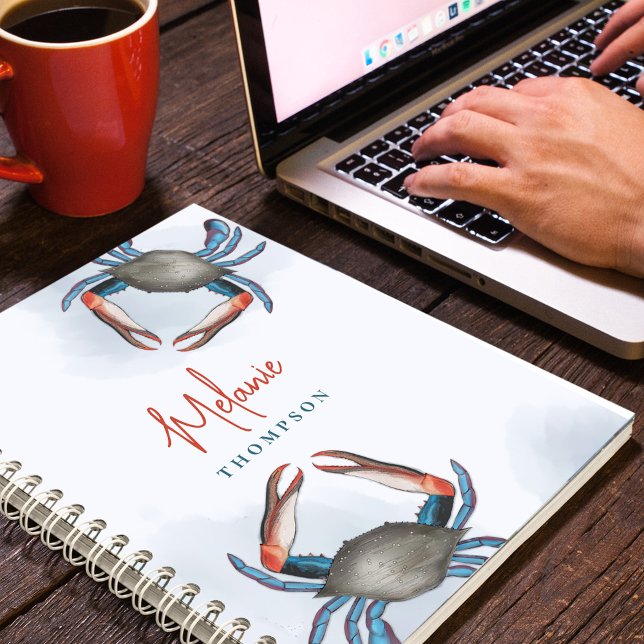 Simple Watercolor Nautical Ocean Blue Crab Seaside Notebook (Nautical blue crab watercolor spiral custom notebook)