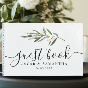 Simple Watercolor Olive Green Branch Guest Book