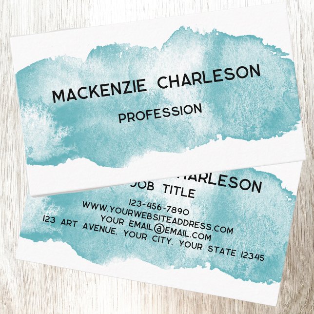 Simple Watercolor Paint Brushstroke Turquoise Aqua Business Card (Simple Watercolor brush stroke personalized custom professional turquoise aqua blue business card)