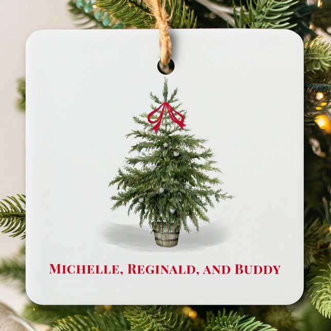 Simple Watercolor Photo Christmas Tree Ceramic Ornament (Watercolor Christmas Tree holiday photo ornament. )