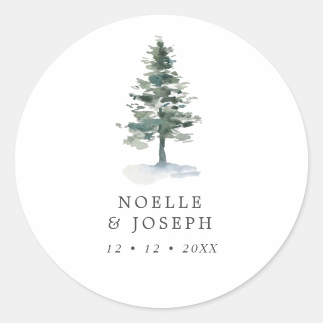 Simple Watercolor Pine Tree Wedding Classic Round Sticker (Front)