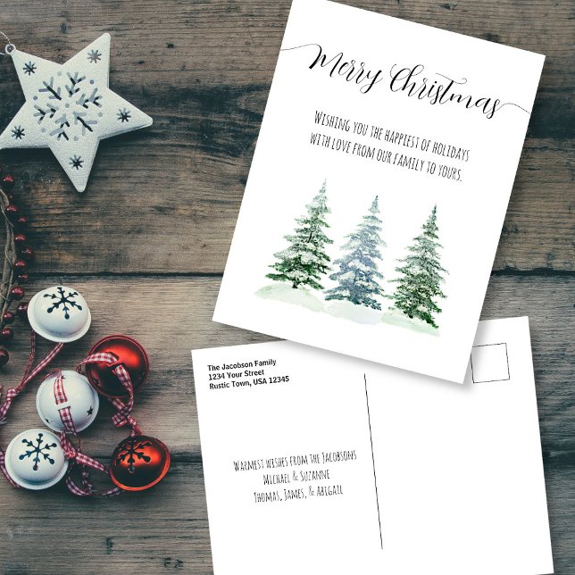 Simple Watercolor Pine Trees Merry Christmas Holiday Postcard (In Situ with Decorations)