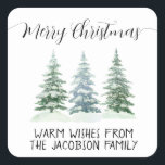 Simple Watercolor Pine Trees Merry Christmas Square Sticker<br><div class="desc">These simple holiday stickers are perfect as envelope seals or gift tags. They feature a rustic watercolor design with three snow covered pine,  fir,  or spruce trees and elegant script calligraphy lettering reading: Merry Christmas! There is space for a short note or message below.</div>