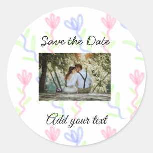 Simple watercolor Pink blue flower save the date Classic Round Sticker