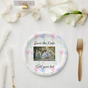 Simple watercolor Pink blue flower save the date Paper Plate