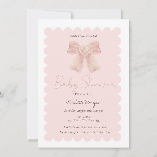 Simple Watercolor Pink Bow Baby Shower Invitation (Front)