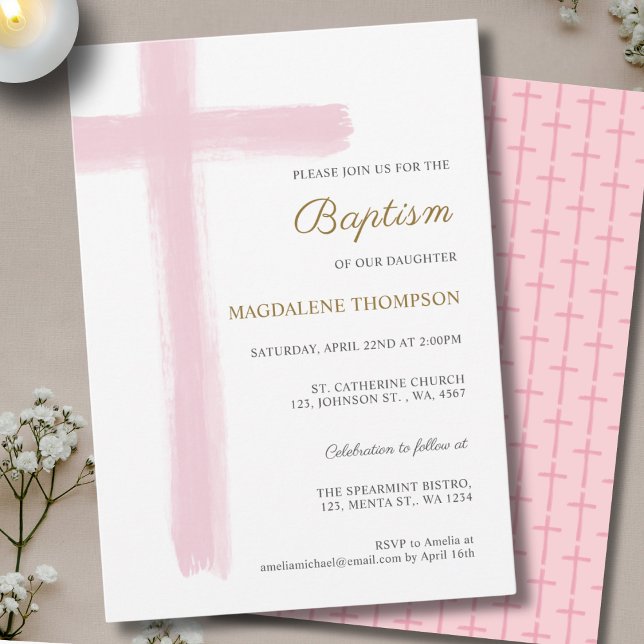 Simple Watercolor Pink Cross Girl Baptism Invitation (Creator Uploaded)