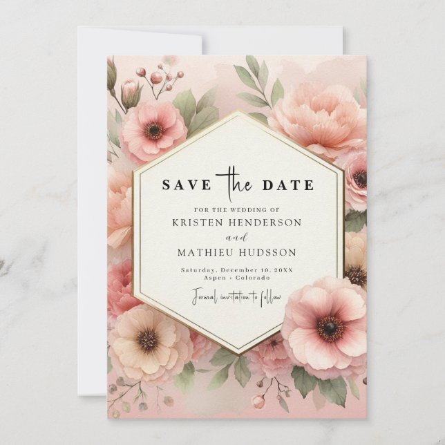 Simple Watercolor Pink Floral Wedding Save The Date (Front)