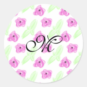 Simple watercolor pink flower green leaf monogram  classic round sticker