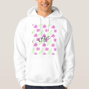 Simple watercolor pink flower green leaf monogram hoodie