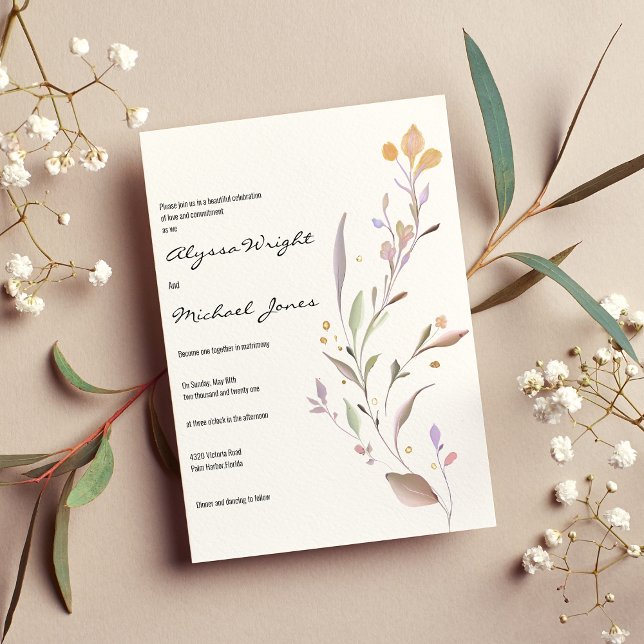 Simple watercolor pink mint lilac leaves Wedding Invitation (Simple watercolor pink mint lilac leaves Wedding )