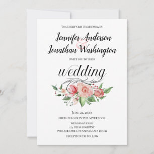 Simple Watercolor Pink Rose Bouquet Wedding Announcement