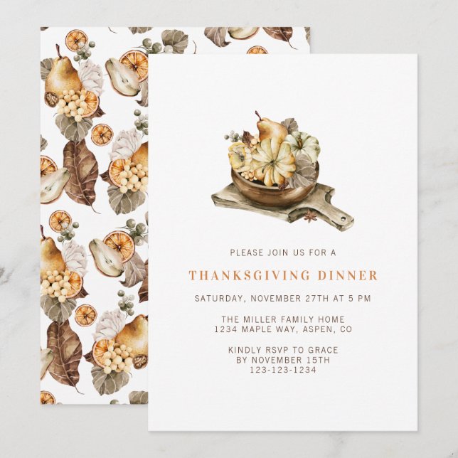 Simple Watercolor Pumpkins Thanksgiving Dinner Invitation (Front/Back)