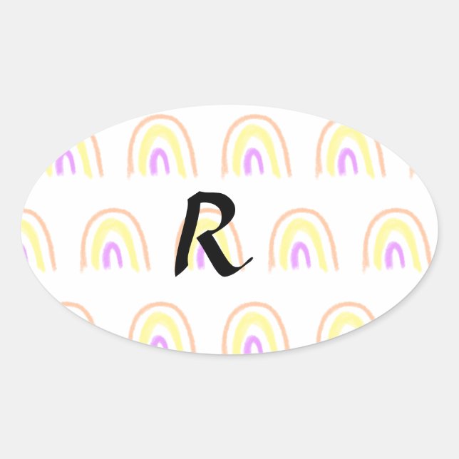 Simple watercolor rainbow pattern add monogram tex oval sticker (Front)