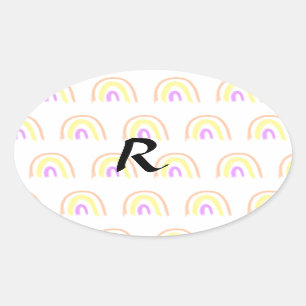 Simple watercolor rainbow pattern add monogram tex oval sticker