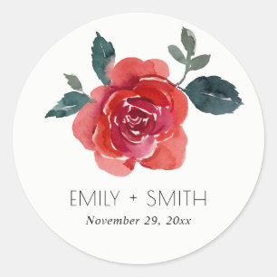 SIMPLE WATERCOLOR RED GREEN ROSE FLORAL WEDDING CLASSIC ROUND STICKER