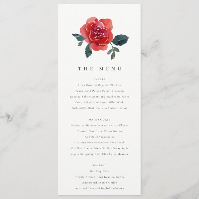 SIMPLE WATERCOLOR RED GREEN ROSE FLORAL WEDDING MENU (Front)