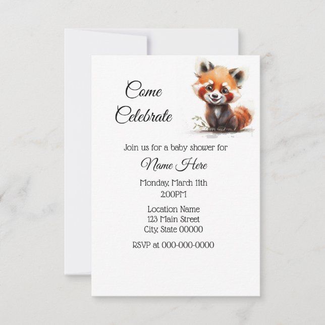Simple Watercolor Red Panda Baby Shower Invitation (Front)