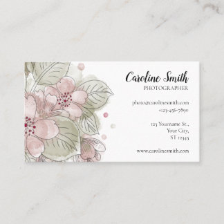 Simple, Watercolor Rose & Green Flowers drawing Business Card