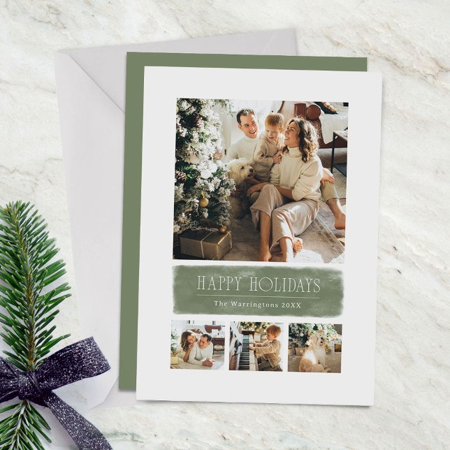 Simple Watercolor Sage Green Holiday Collage  Card (4-photo holiday card with grid layout and sage green watercolor wash.)
