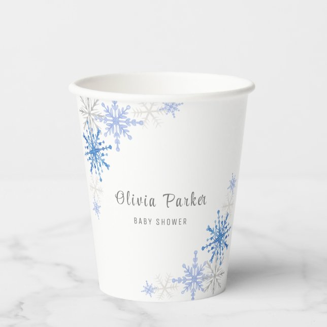 Simple Watercolor Snowflakes Winter Baby Shower Paper Cups (Front)