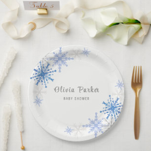 Simple Watercolor Snowflakes Winter Baby Shower Paper Plate