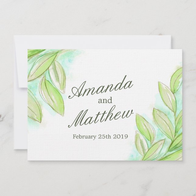 Simple watercolor spring leaves wedding invite (Front)