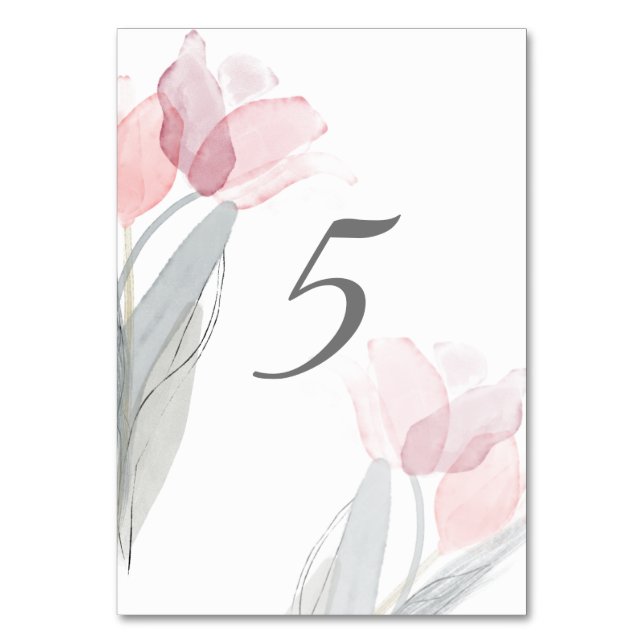 Simple Watercolor Spring Pink Tulips Wedding Table Number (Front)