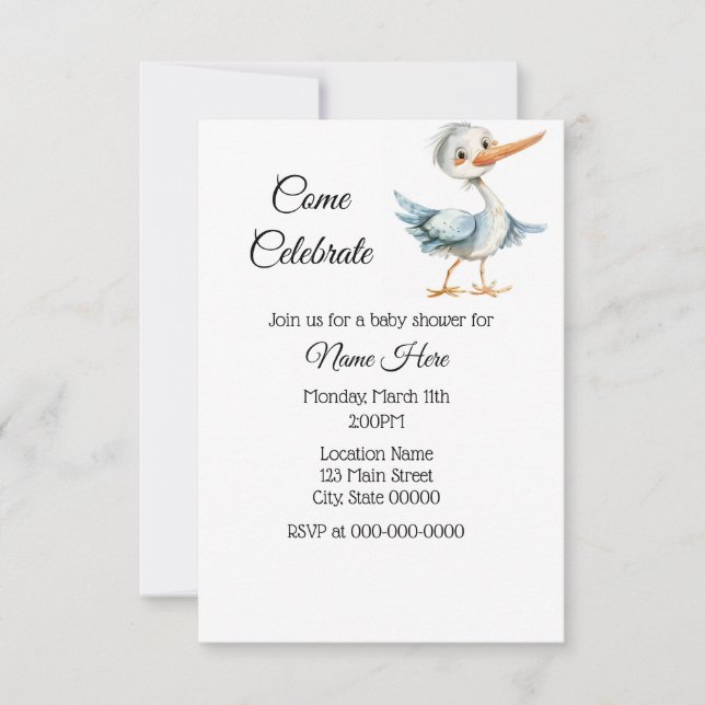 Simple Watercolor Stork Baby Shower Invitation (Front)