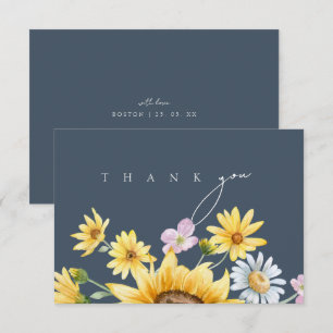 Simple Watercolor Sunflower Slate Blue Wedding Thank You Card