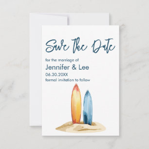 Simple Watercolor Surfboard Save The Date Card