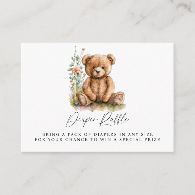 Simple Watercolor Teddy Bear Baby Diaper Raffle Enclosure Card (Front)