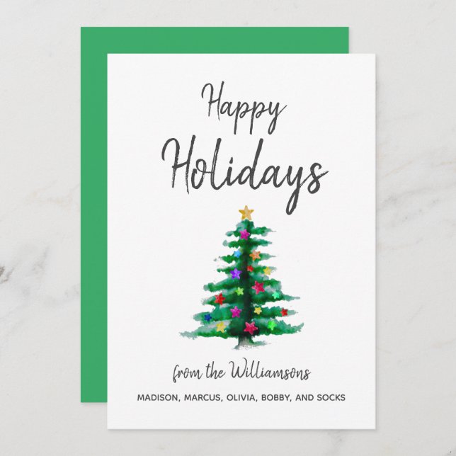 Simple Watercolor Tree Elegant Script Christmas Holiday Card (Front/Back)