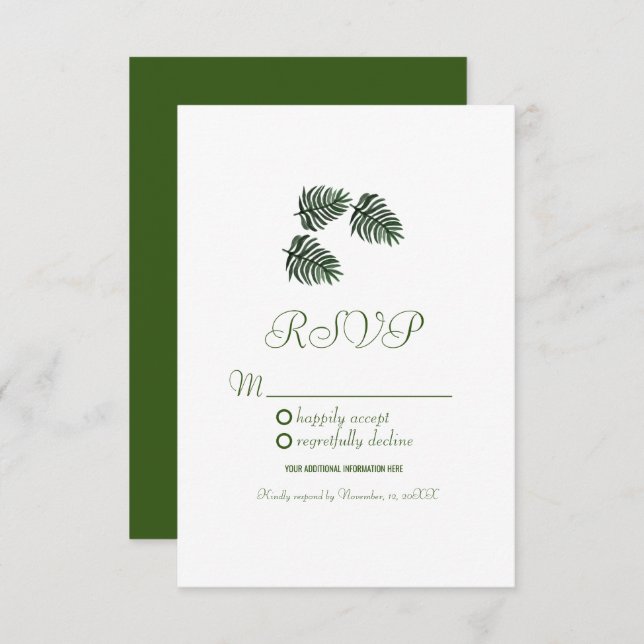 Simple Watercolor Tropical Botany Palm Leaves RSVP Invitation (Front/Back)