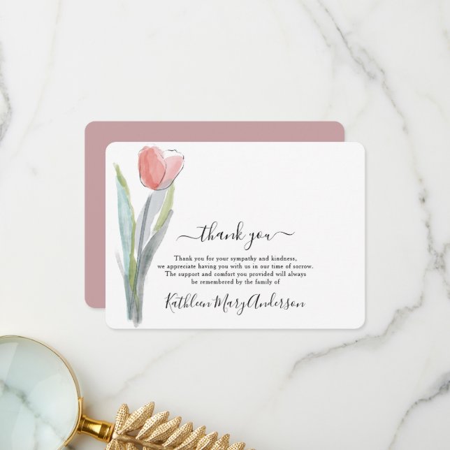 Simple Watercolor Tulip Funeral Memorial Thank You Card (Front/Back In Situ)
